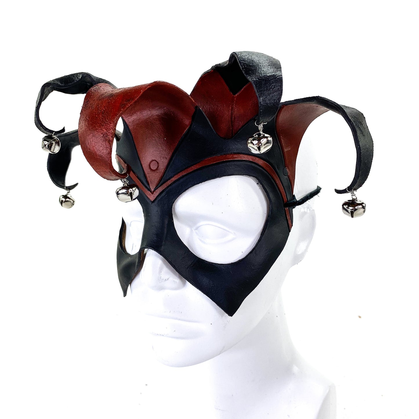 Ready to Ship - Handmade Genuine Leather Five Point Jester Mask in Red and Black