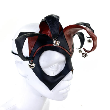 Ready to Ship - Handmade Genuine Leather Five Point Jester Mask in Red and Black