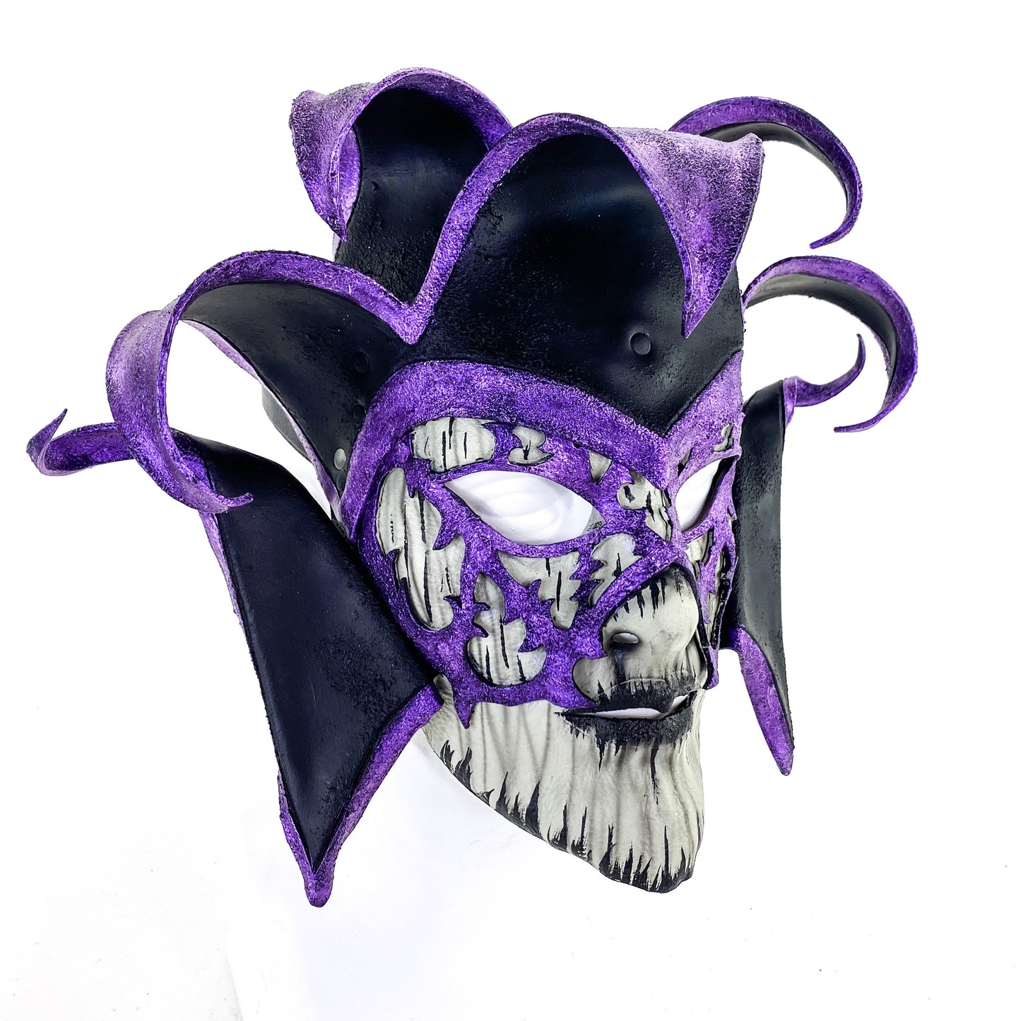 Venetian inspired Jester Mask in Purple and Black - Wearable or Wall Art - Handmade Genuine Leather