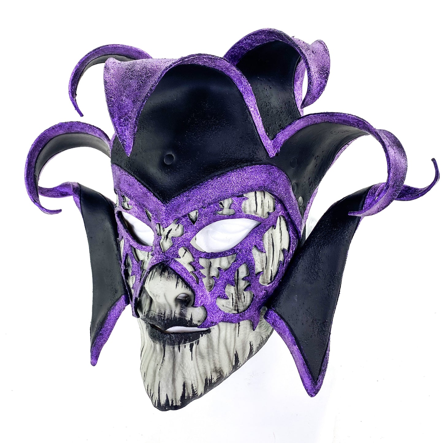 Venetian inspired Jester Mask in Purple and Black - Wearable or Wall Art - Handmade Genuine Leather