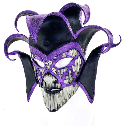 Venetian inspired Jester Mask in Purple and Black - Wearable or Wall Art - Handmade Genuine Leather