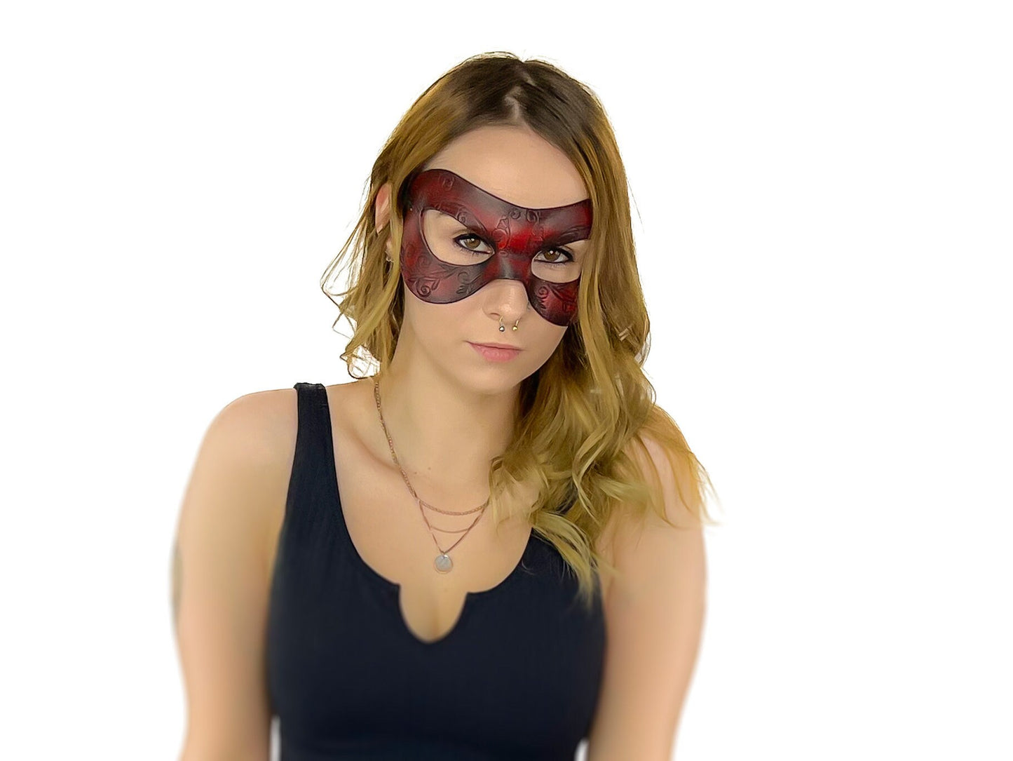 Ornate Masquerade Handmade Genuine Leather Eye Mask in Red and Black