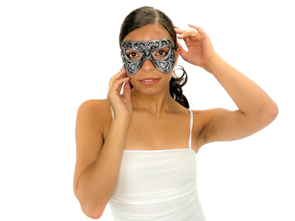 Dual Layer Ornate Masquerade Handmade Genuine Leather Eye Mask in Silver