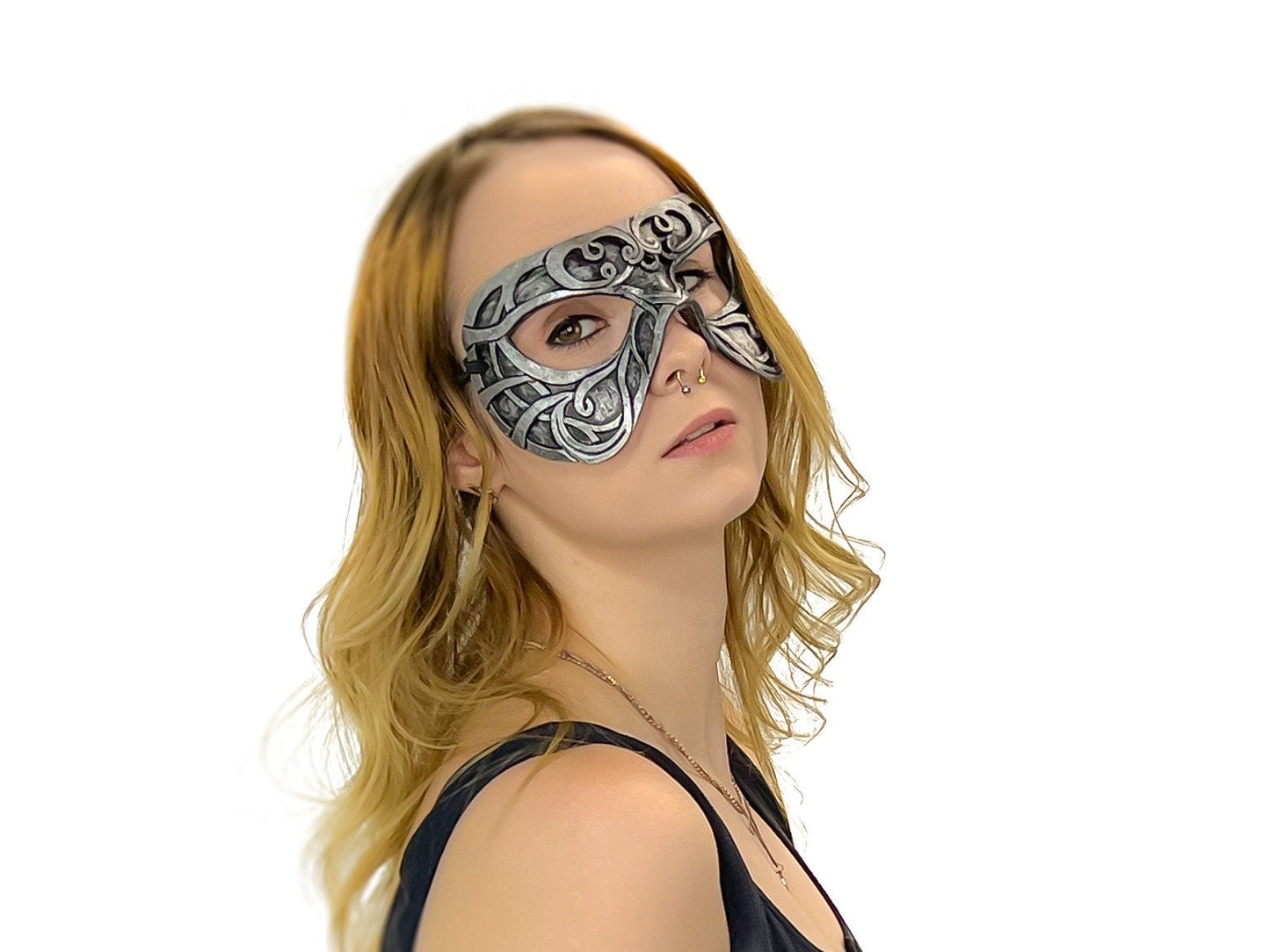 Dual Layer Ornate Masquerade Handmade Genuine Leather Eye Mask in Silver