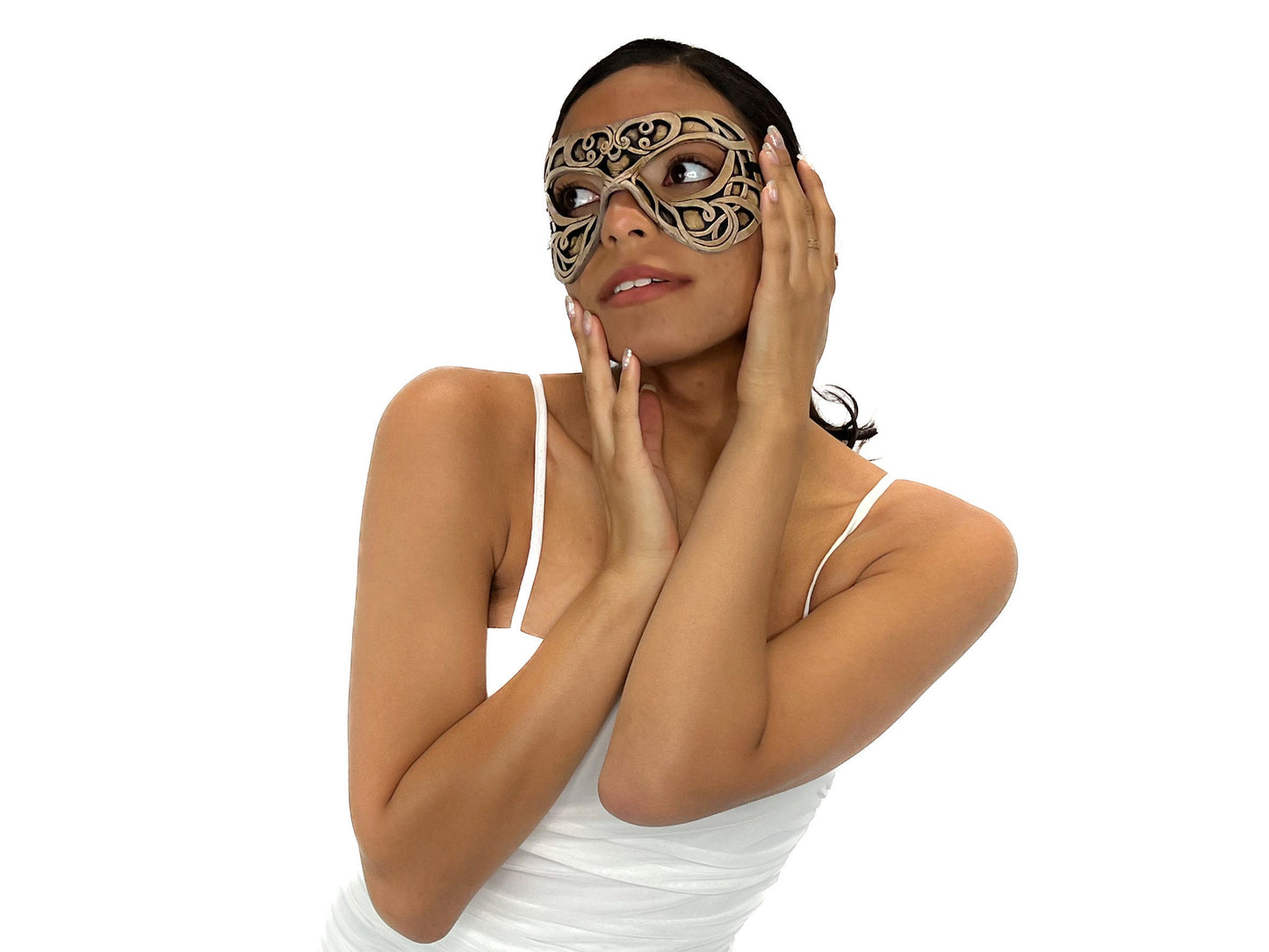 Dual Layer Ornate Masquerade Handmade Genuine Leather Eye Mask in Vintage Cream