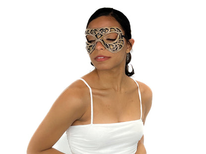 Dual Layer Ornate Masquerade Handmade Genuine Leather Eye Mask in Vintage Cream