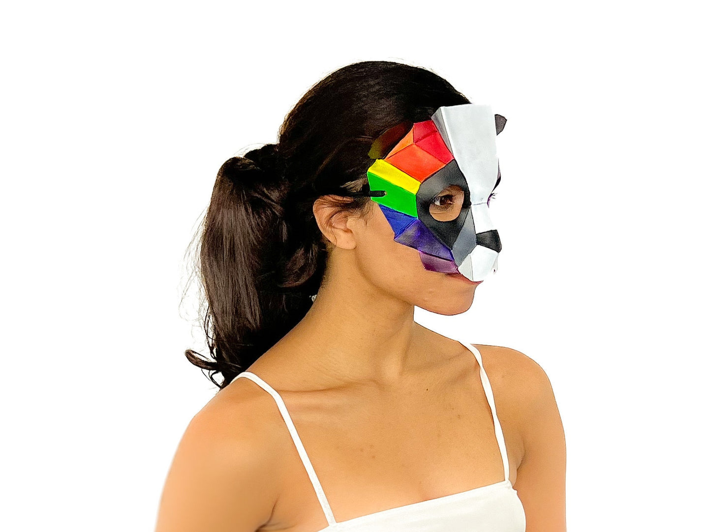 Geometric Rainbow Panda Bear Leather Mask