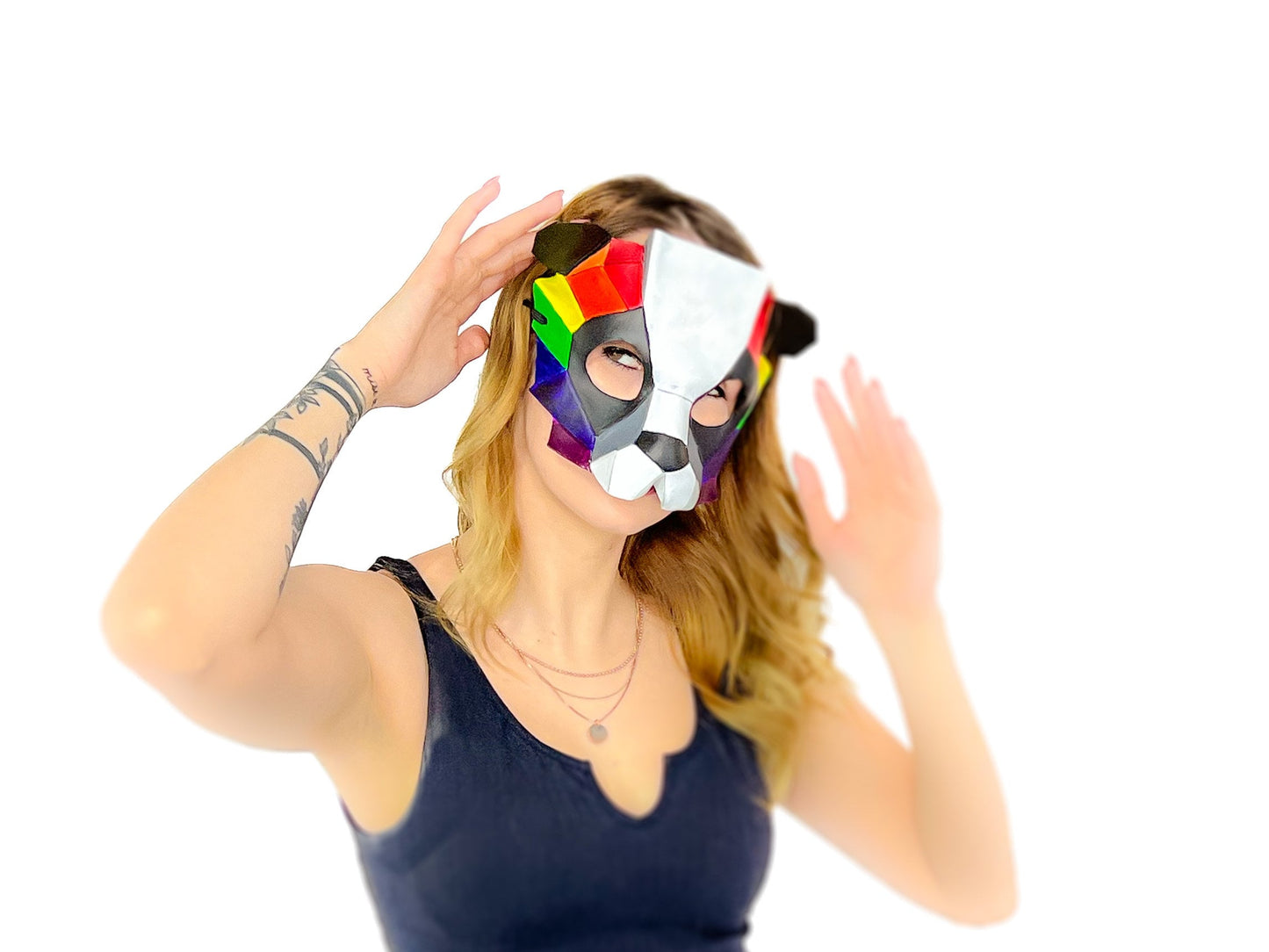 Geometric Rainbow Panda Bear Leather Mask