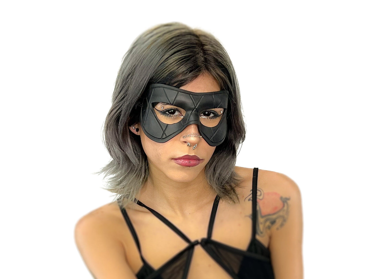 Compact Harlequin Handmade Genuine Leather Mask in Solid Black