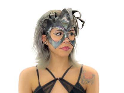 Handmade Genuine Leather Five Point Jester Mask in cosmic silver and Black No Bells