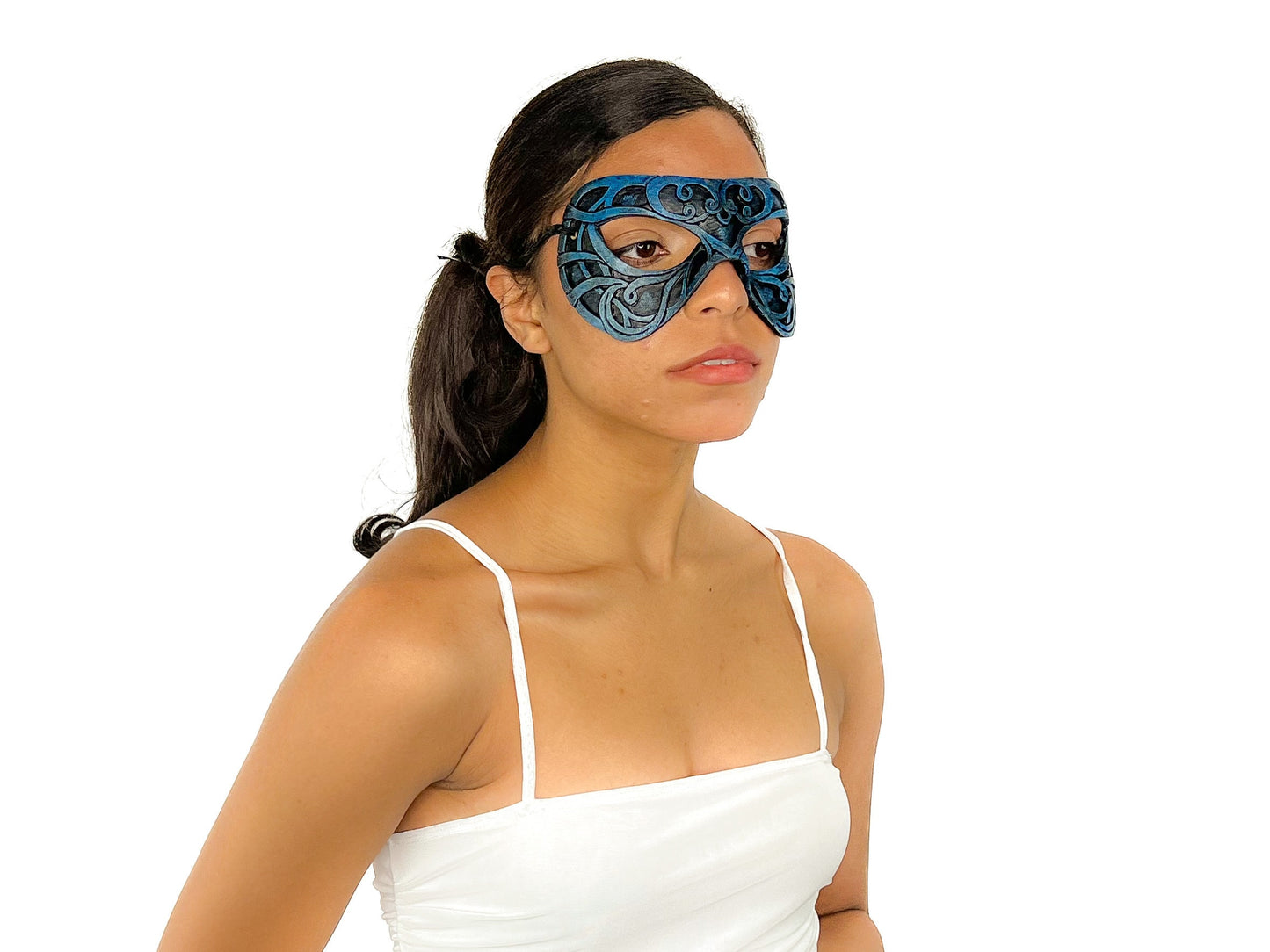 Dual Layer Ornate Masquerade Handmade Genuine Leather Eye Mask in Blue and Black