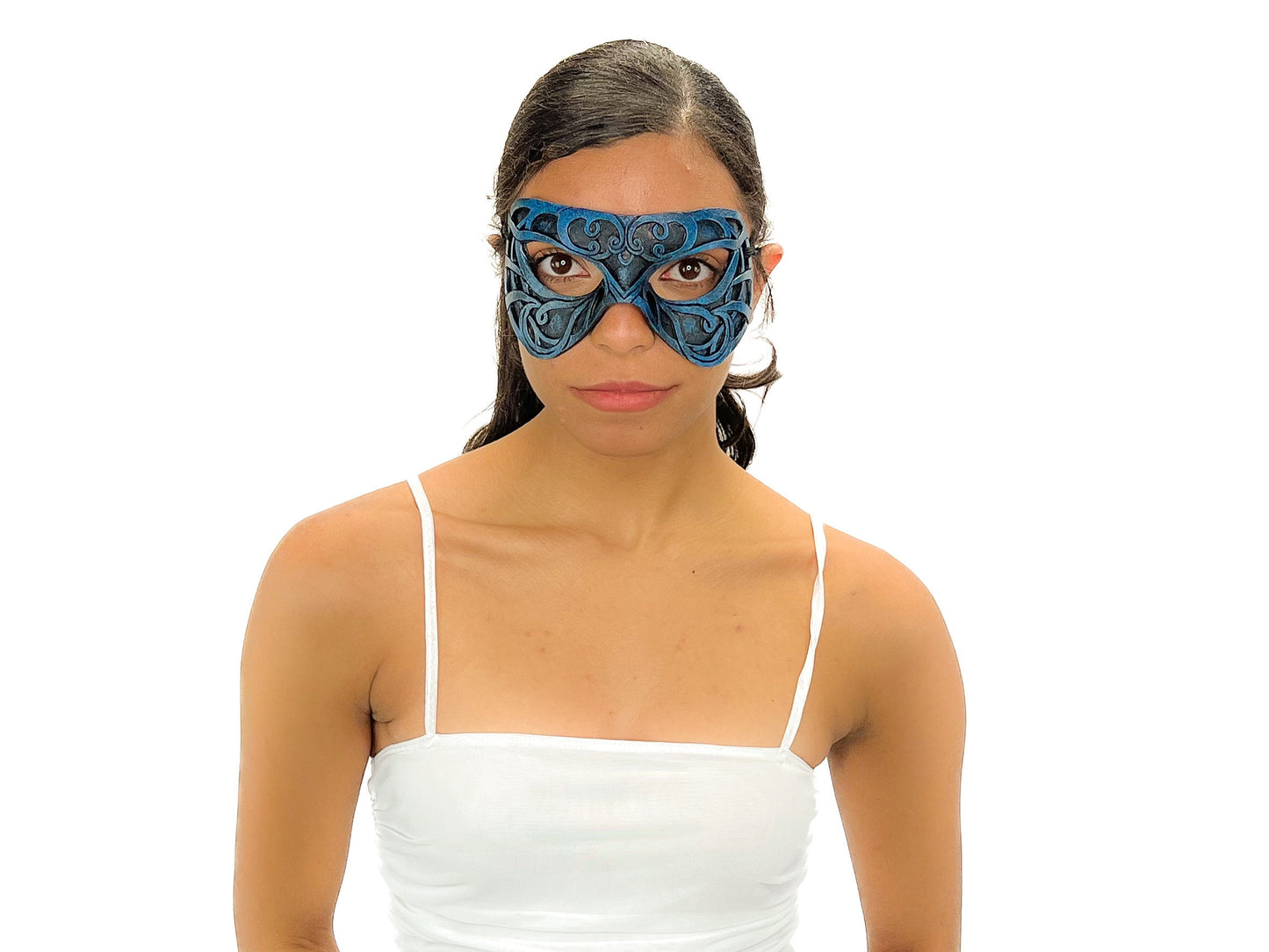 Dual Layer Ornate Masquerade Handmade Genuine Leather Eye Mask in Blue and Black