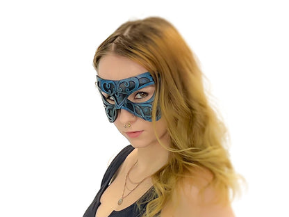 Dual Layer Ornate Masquerade Handmade Genuine Leather Eye Mask in Blue and Black