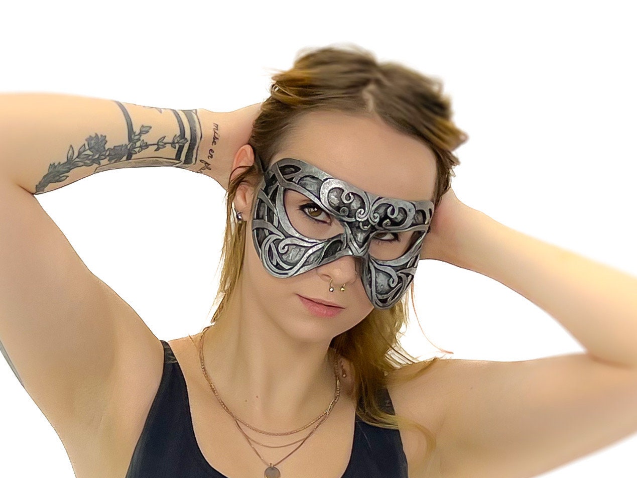 Dual Layer Ornate Masquerade Handmade Genuine Leather Eye Mask in Silver