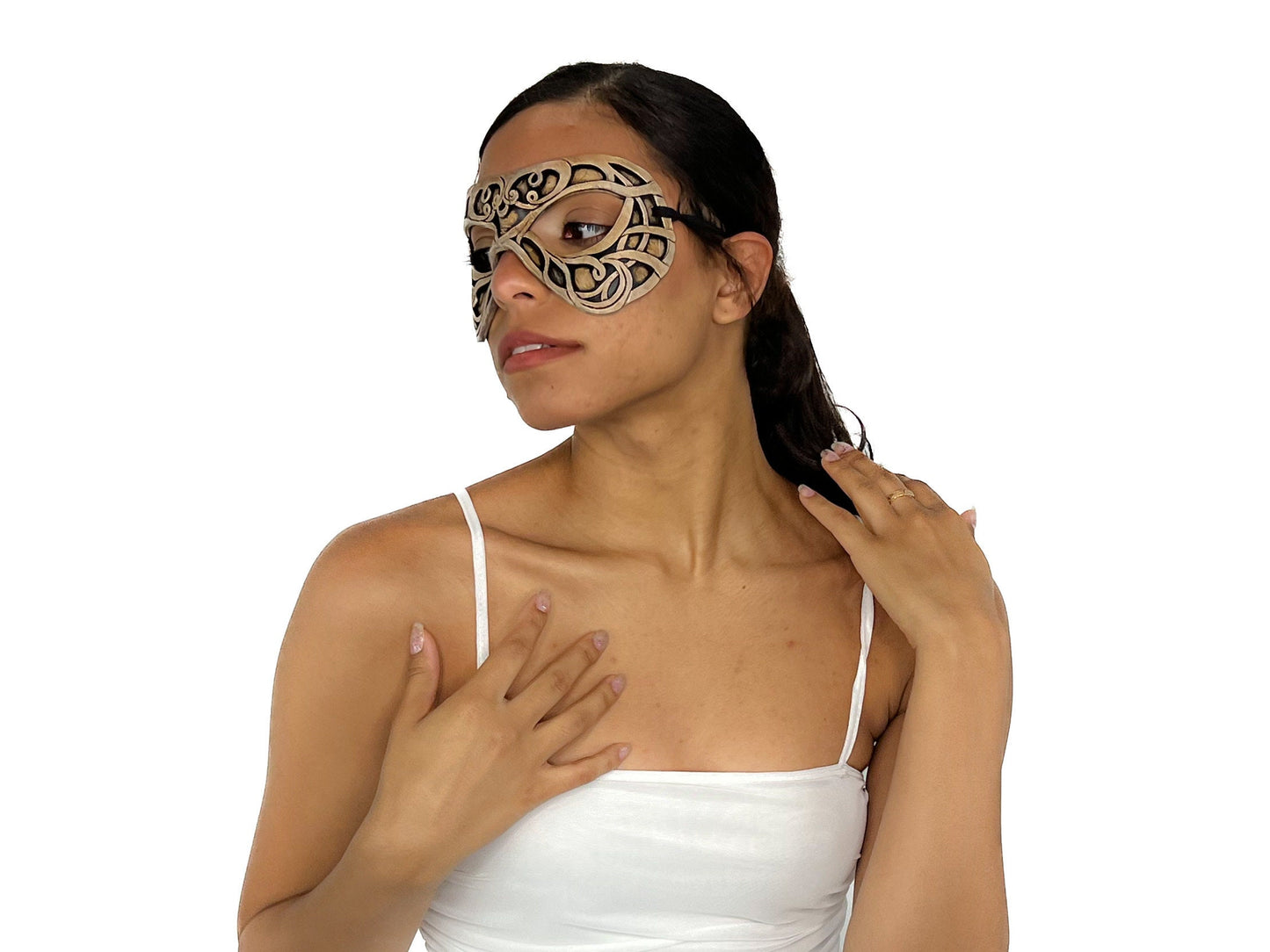 Dual Layer Ornate Masquerade Handmade Genuine Leather Eye Mask in Vintage Cream