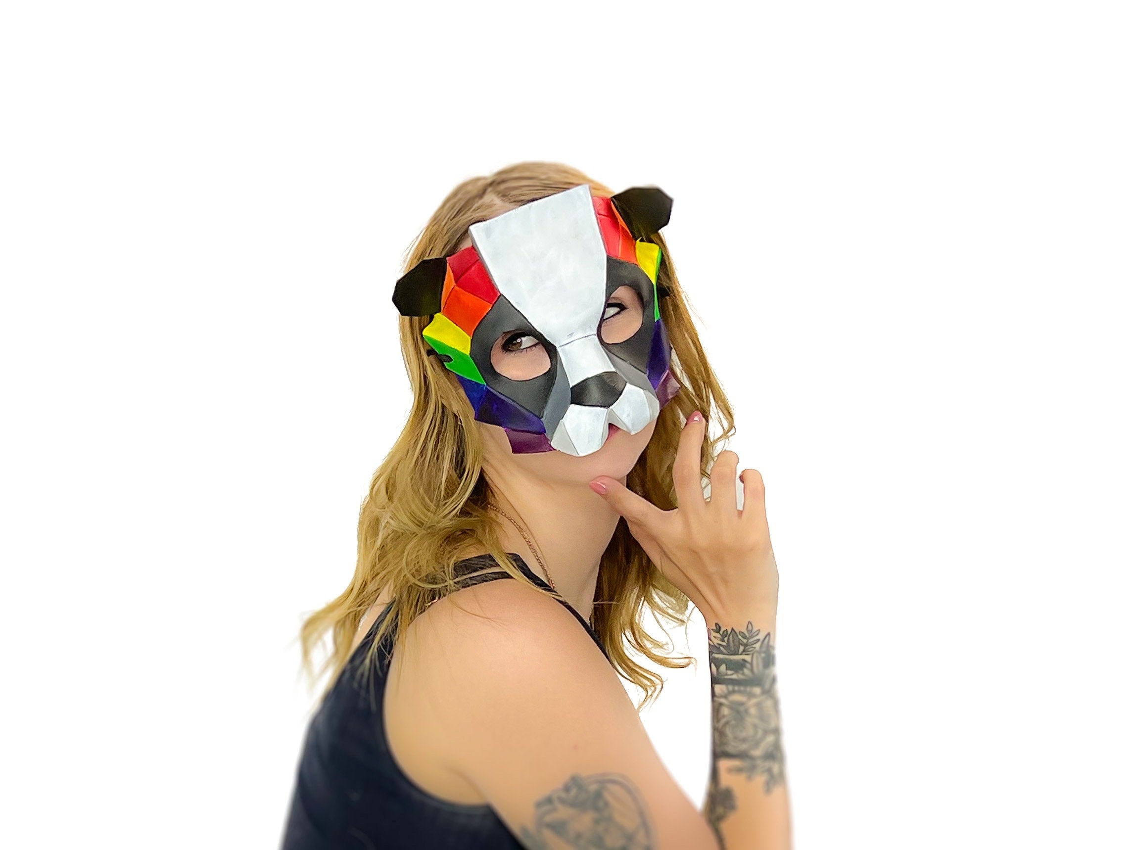 Geometric Rainbow Panda Bear Leather Mask – Rockwell Masks