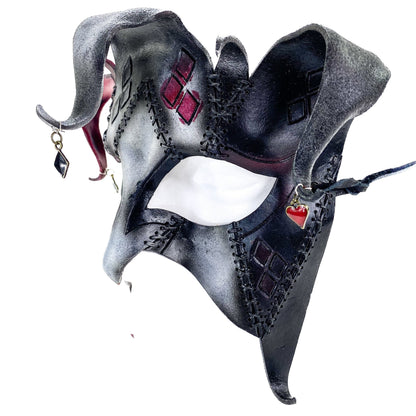 The Joker's Card - Grungy Joker Jester Handmade Genuine Leather Mask in Red with Charms