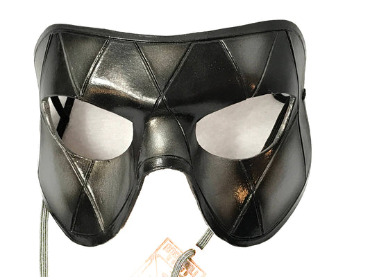 Silver Harlequin Handmade Genuine Leather Mask in Black and Silver