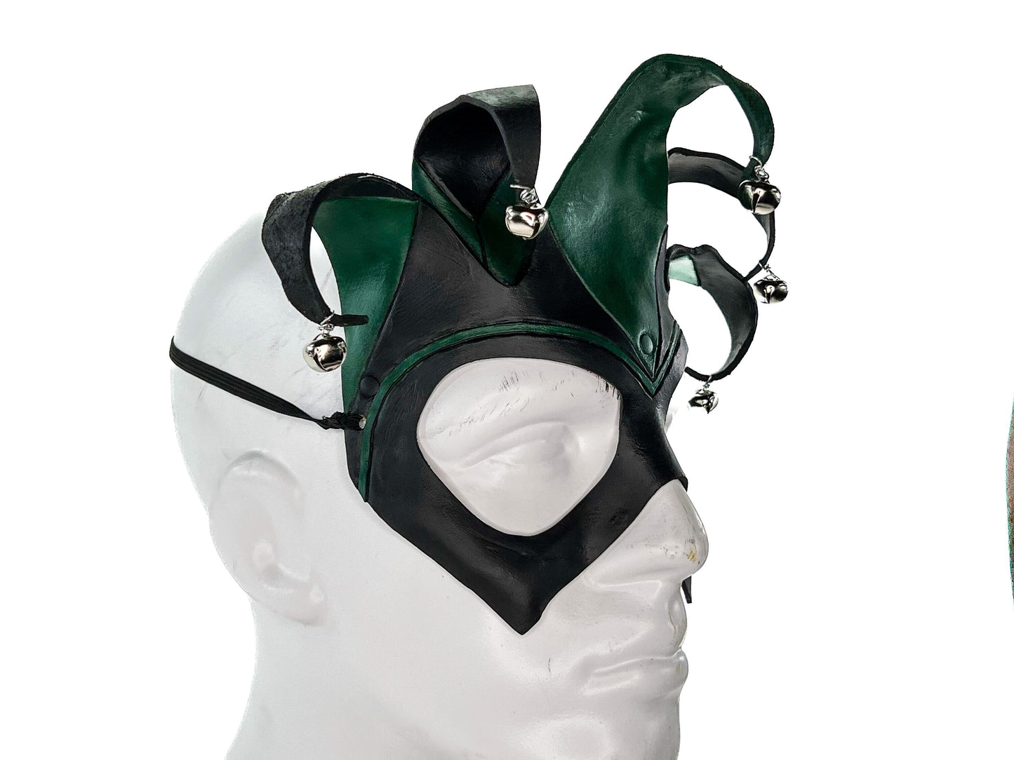 Handmade Genuine Leather Five Point Jester Mask in Green and Black
