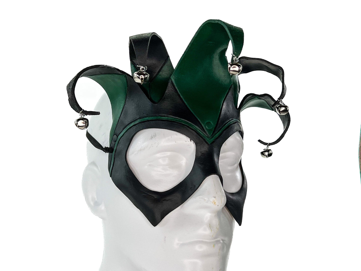 Handmade Genuine Leather Five Point Jester Mask in Green and Black