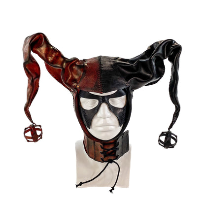 Jester Helmet Genuine Leather Mask in Red and Black