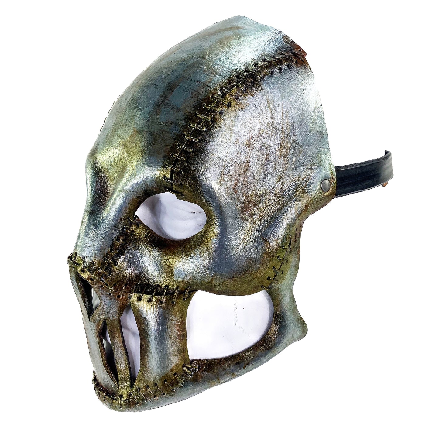 Invader - Genuine Leather Mask in Corroded Metallic Paint - Handmade Full Face Cover for Halloween, Performance or Cosplay