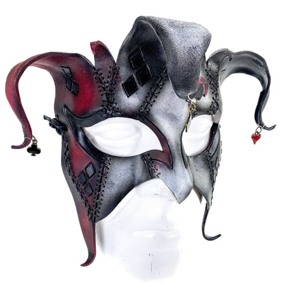 The Joker's Card - Grungy Joker Jester Handmade Genuine Leather Mask in Red with Charms