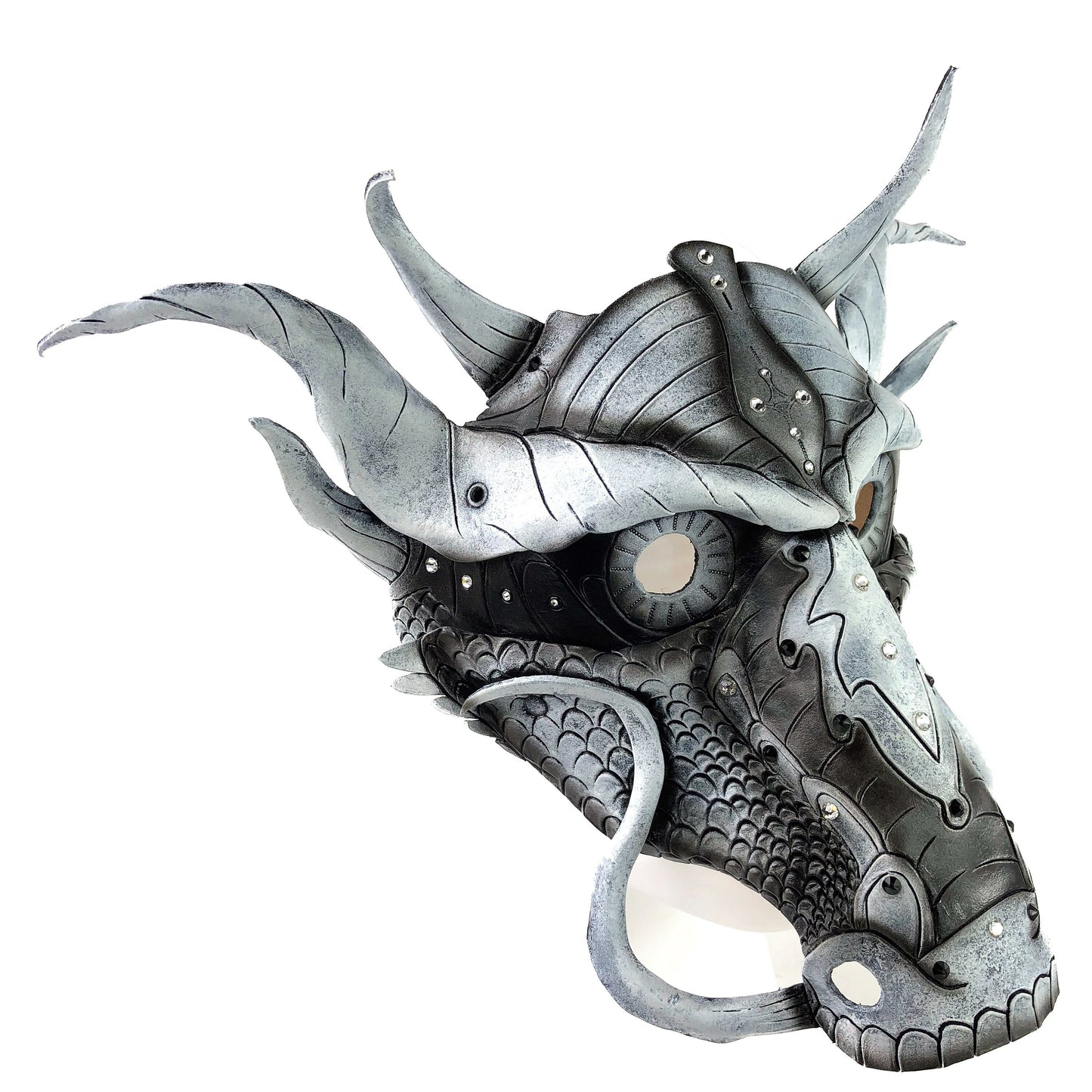 Grey Ancient Dragon Leather Mask with Swarovski Crystals