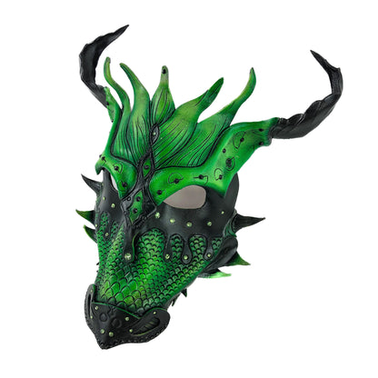 Green Ancient Dragon Leather Mask with Swarovski Crystals