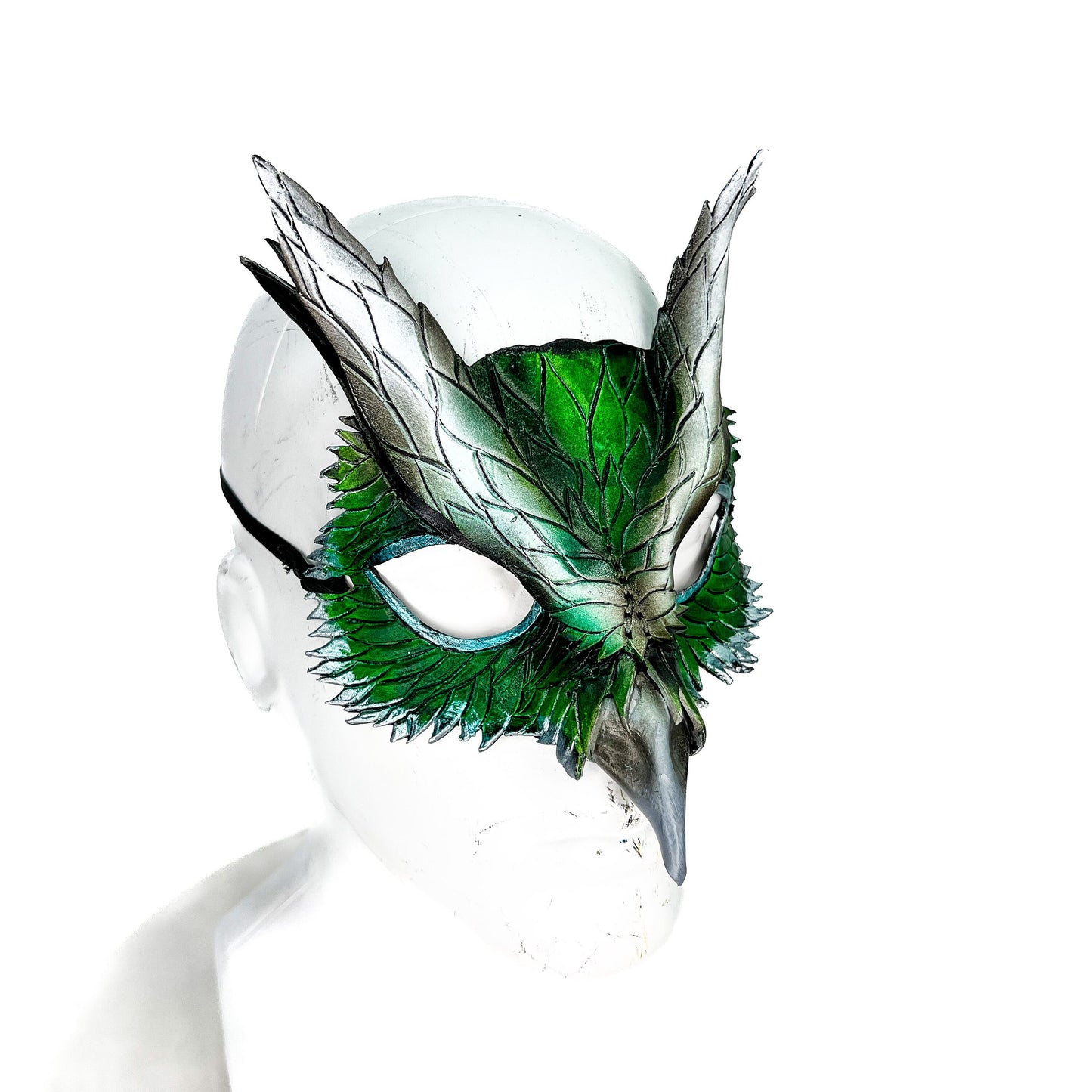 Layered Green Eagle Owl Handmade Genuine Leather Mask