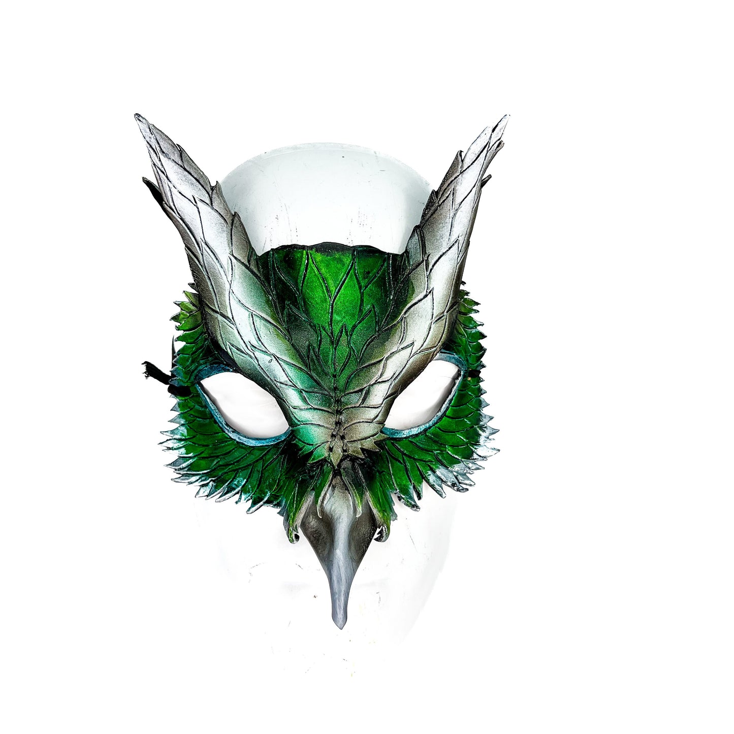 Layered Green Eagle Owl Handmade Genuine Leather Mask